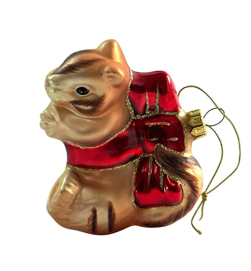 Glass Squirrel Christmas Ornament Red Bow Gold Glitter Woodland 3.5”